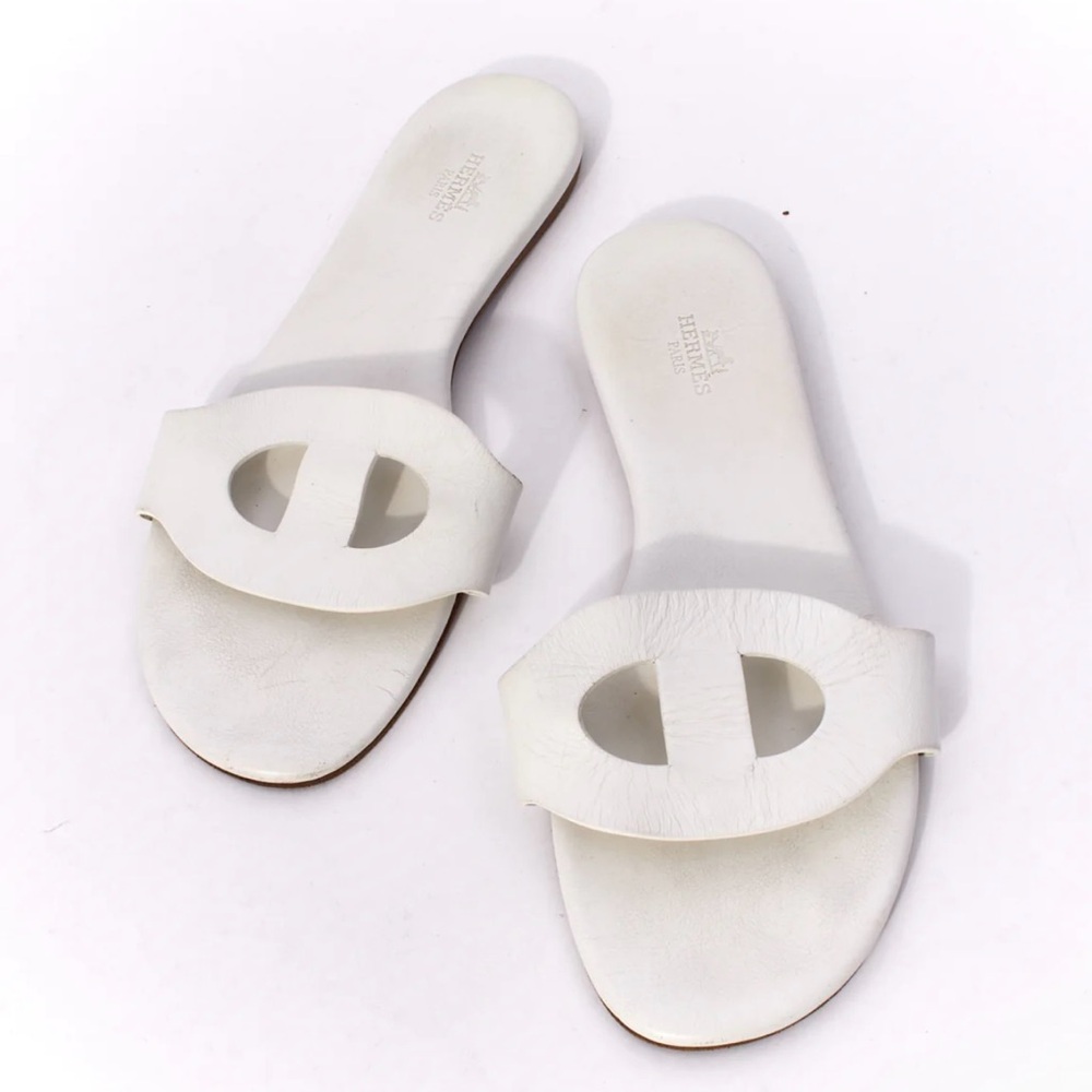 HERMES White Leather Lisboa Flats/Sandals, 38